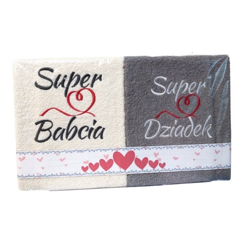 Komplet ręczników "Super Babcia" "Super Dziadek" kolor ecry -szary Komplet ręczników "Super Babcia" "Super Dziadek" kolor ecry -szary