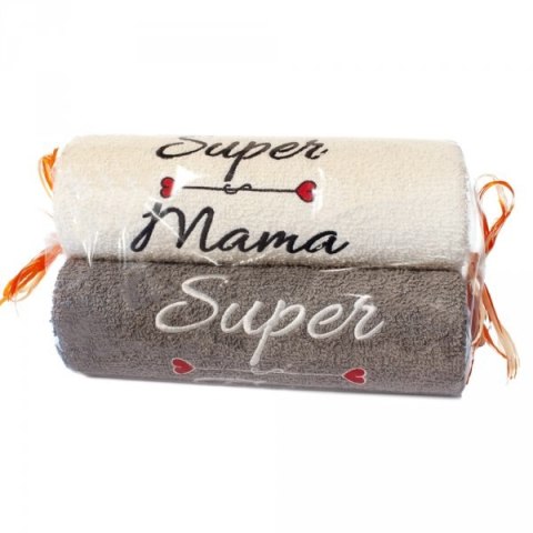Ręczniki ecru i szary cukierek z haftem "Super Mama Super Tata " Ręczniki ecru i szary cukierek z haftem "Super Mama Super Tata "