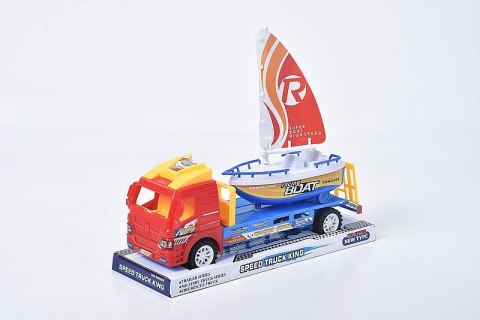 Auto z lawetą i łódką, napęd na koło zam; 29x12,5x8,5cm Auto z lawetą i łódką, napęd na koło zam; 29x12,5x8,5cm