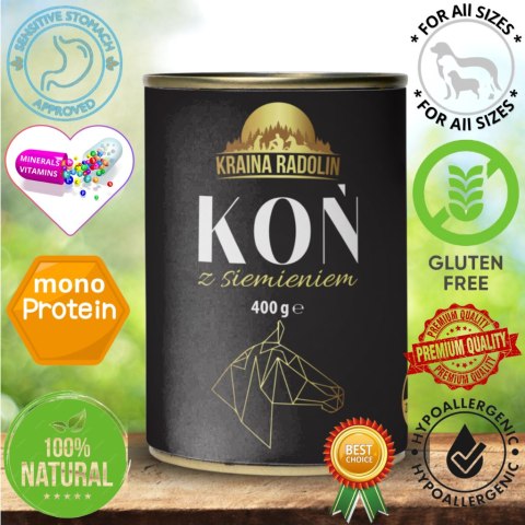 Kraina Radolin Koń i siemię lniane 400g 90% mięsa dla alergików z nadwrażliwością pokarmową Kraina Radolin Koń i siemię lniane 400g 90% mięsa dla alergików z nadwrażliwością pokarmową