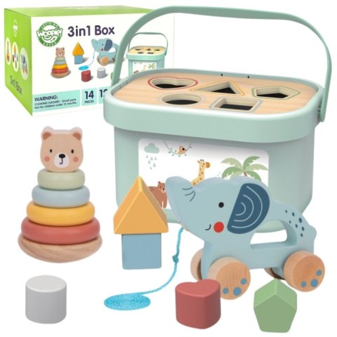 WOOPIE GREEN Pudełko Sorter Box 3w1 Klocki Piramidka Słonik FSC WOOPIE GREEN Pudełko Sorter Box 3w1 Klocki Piramidka Słonik FSC