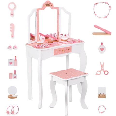 TOOKY TOY Drewniana Toaletka z Krzesełkiem Składane Lusterko Akcesoria 15 el. TOOKY TOY Drewniana Toaletka z Krzesełkiem Składane Lusterko Akcesoria 15 el.