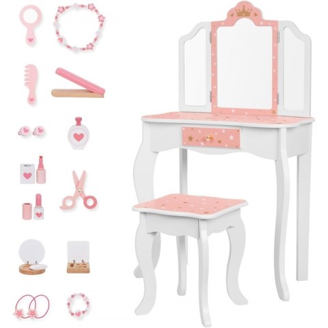TOOKY TOY Drewniana Toaletka z Krzesełkiem Składane Lusterko Akcesoria 15 el. TOOKY TOY Drewniana Toaletka z Krzesełkiem Składane Lusterko Akcesoria 15 el.