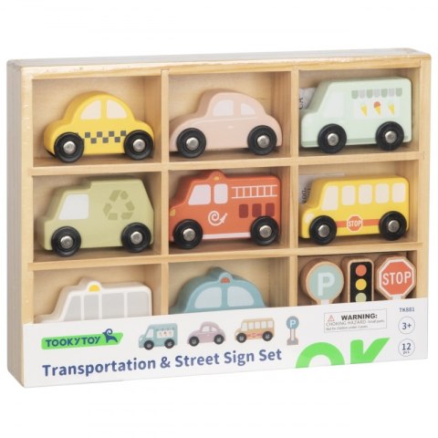 TOOKY TOY Zestaw Drewnianych Pojazdów i Znaków Drogowych w Pudełku TOOKY TOY Zestaw Drewnianych Pojazdów i Znaków Drogowych w Pudełku