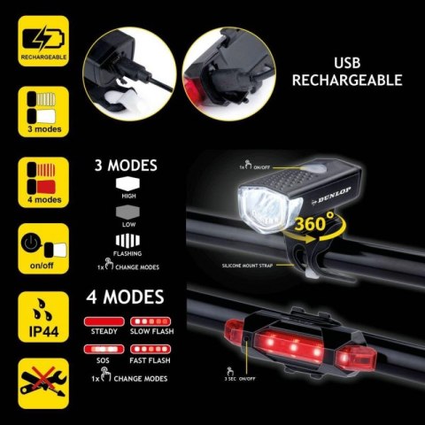 Zestaw lampek rowerowych Dunlop Led, ładowanie USB, tył+przód 473758 Zestaw lampek rowerowych Dunlop Led, ładowanie USB, tył+przód 473758