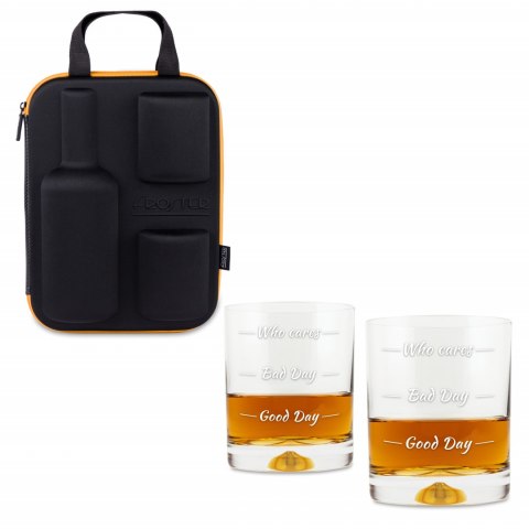 Etui na whisky ze szklankami Who cares męża niego Etui na whisky ze szklankami Who cares męża niego