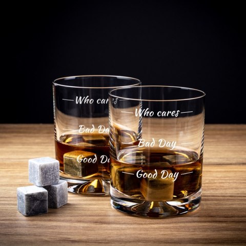 Etui na whisky ze szklankami Who cares męża niego Etui na whisky ze szklankami Who cares męża niego