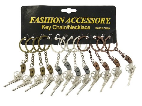 Brelok rewolwer metalowy dł.6cm + zawieszka, karta 12szt Brelok rewolwer metalowy dł.6cm + zawieszka, karta 12szt