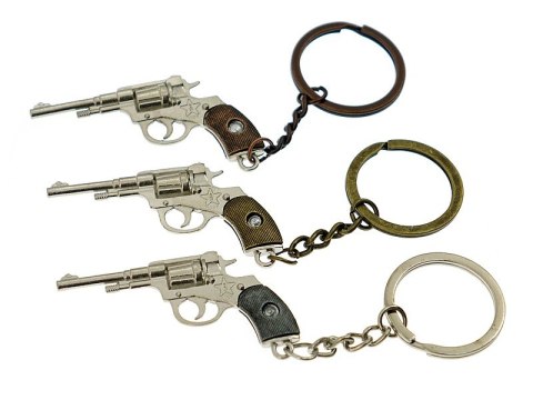 Brelok rewolwer metalowy dł.6cm + zawieszka, karta 12szt Brelok rewolwer metalowy dł.6cm + zawieszka, karta 12szt